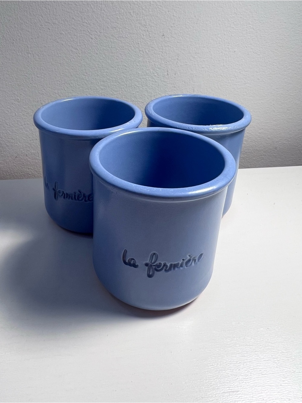 Set of 3 French La Fermiere Yogurt Clay Pots Periwinkle Blue